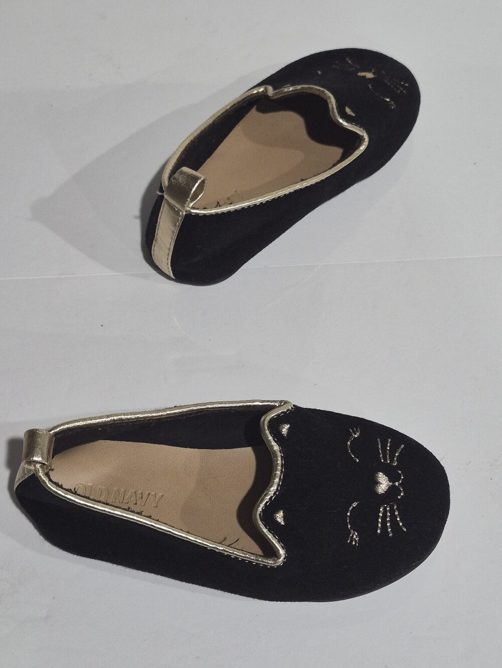 Old Navy Black & Gold Cat Baby Girl Faux Suede Critter Ballet Flats Size 6/13.5